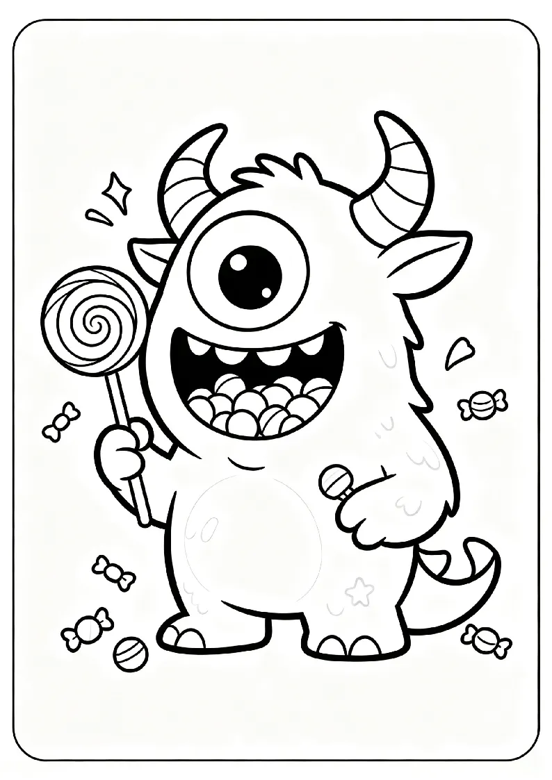 Friendly Monster Eating Candy coloring page, black outline drawing ready to print