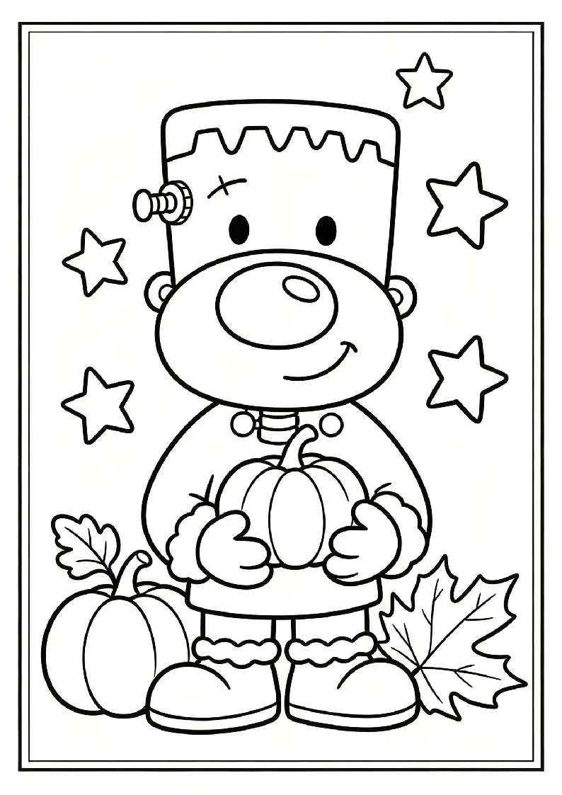 Friendly Monster Holding a Pumpkin coloring page, black outline drawing ready to print