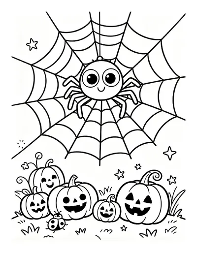 Friendly Spider on a Web Over Pumpkins coloring page
