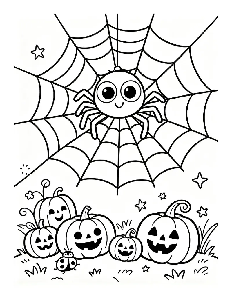 Friendly Spider on a Web Over Pumpkins coloring page, black outline drawing ready to print