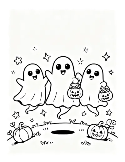 Three Friendly Ghosts Trick-or-Treating coloring page