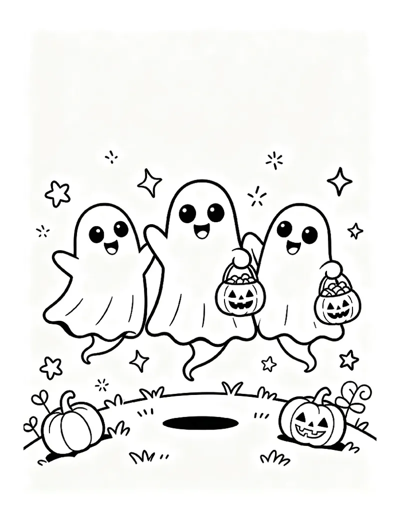 Three Friendly Ghosts Trick-or-Treating coloring page, black outline drawing ready to print