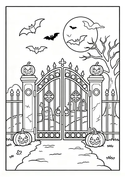 Graveyard Gate with Fluttering Bats coloring page