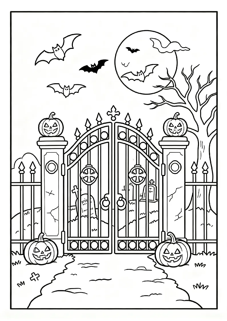 Graveyard Gate with Fluttering Bats coloring page, black outline drawing ready to print