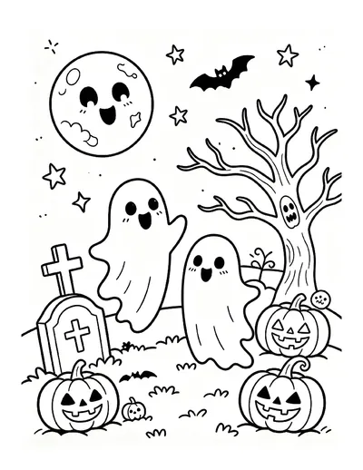 Spooky-Cute Graveyard With Rising Ghosts coloring page