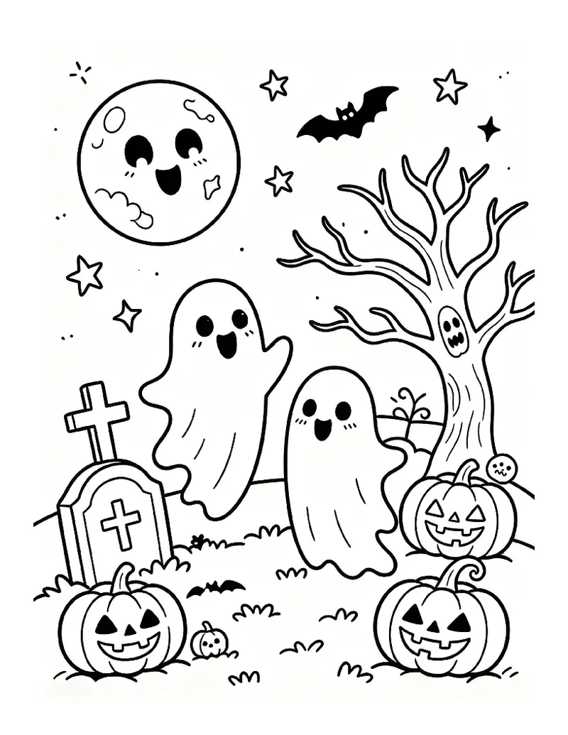Spooky-Cute Graveyard With Rising Ghosts coloring page, black outline drawing ready to print