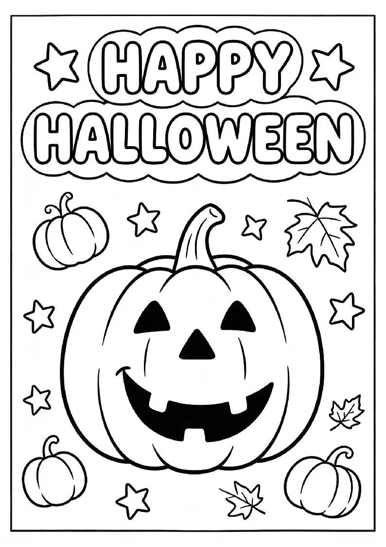 Happy Halloween Greeting With a Smiling Jack-o'-Lantern coloring page, black outline drawing ready to print