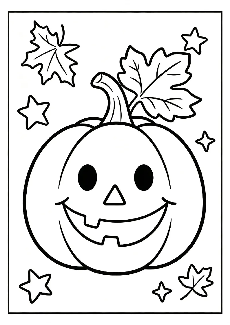 Happy Jack-o'-Lantern With Autumn Leaves coloring page, black outline drawing ready to print