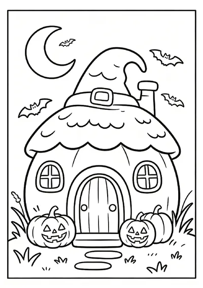 Cute Haunted Cottage With a Witch Hat Roof coloring page