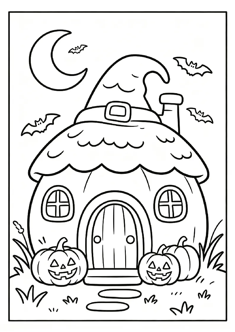 Cute Haunted Cottage With a Witch Hat Roof coloring page, black outline drawing ready to print