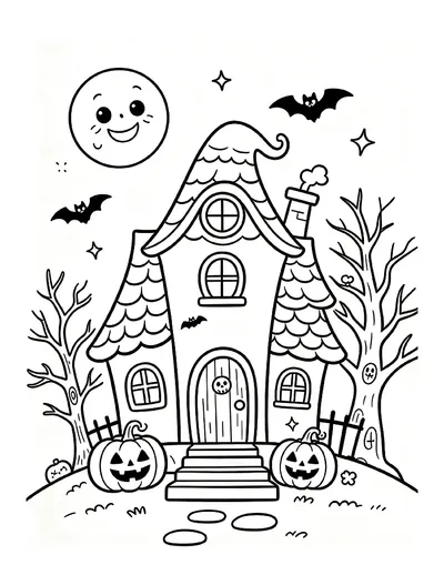 Cute Haunted House With a Smiling Moon and Bats coloring page
