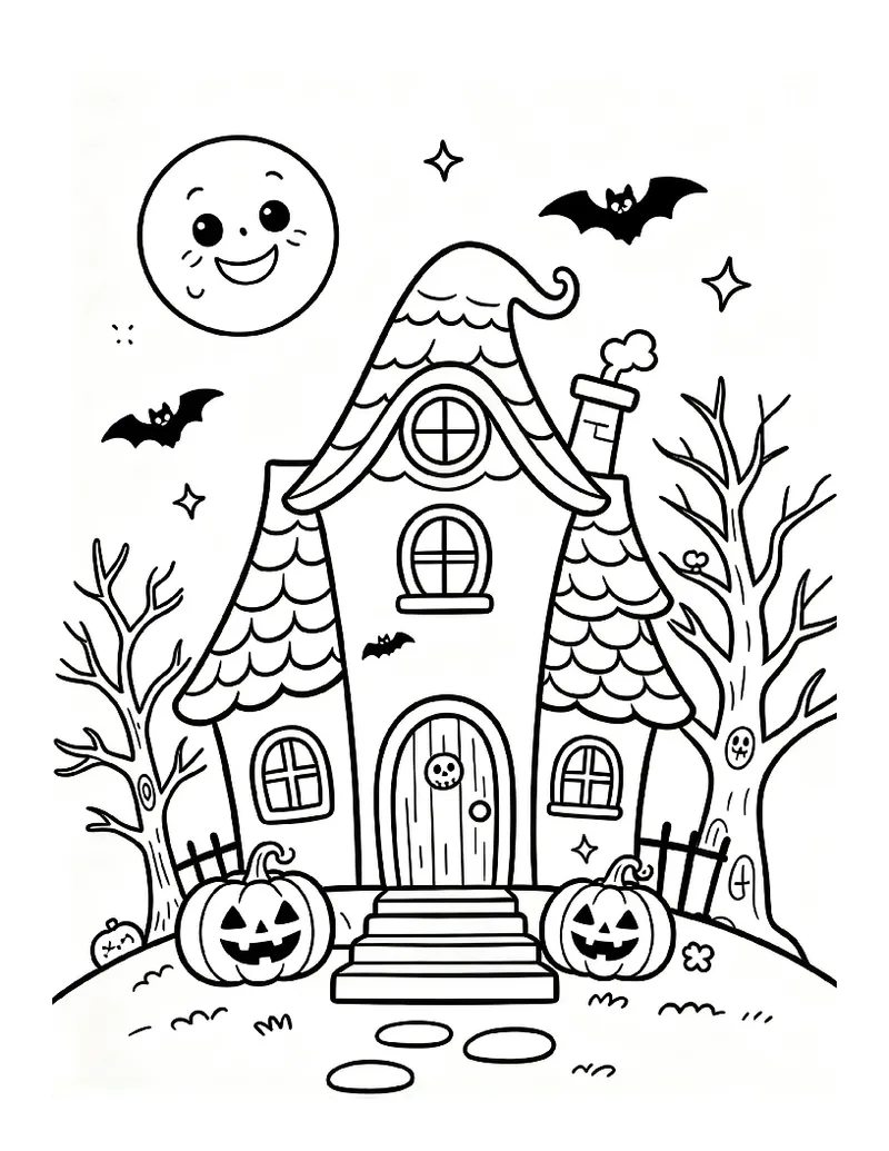 Cute Haunted House With a Smiling Moon and Bats coloring page, black outline drawing ready to print