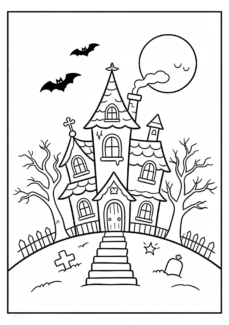 Haunted House on a Hill coloring page, black outline drawing ready to print
