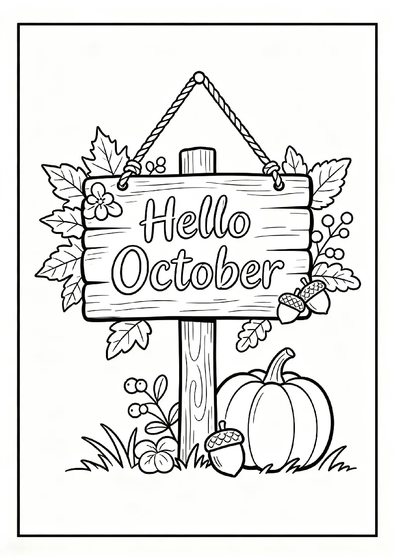 Hello October Sign with Leaves and Pumpkins coloring page, black outline drawing ready to print