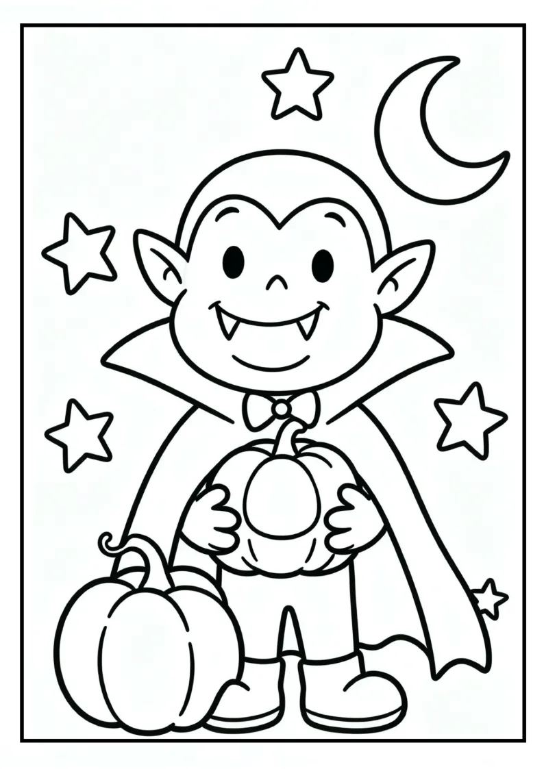 Little Vampire Holding a Pumpkin coloring page, black outline drawing ready to print