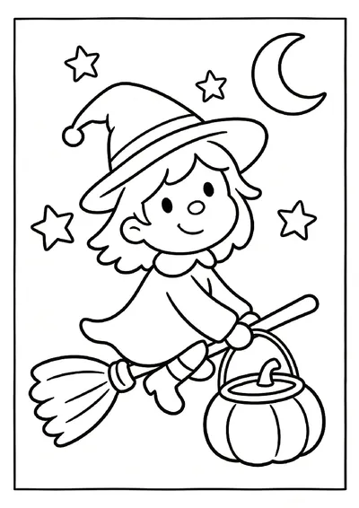 Little Witch Flying on a Broom With a Pumpkin Bucket coloring page