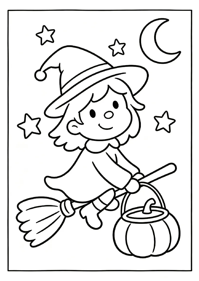 Little Witch Flying on a Broom With a Pumpkin Bucket coloring page, black outline drawing ready to print