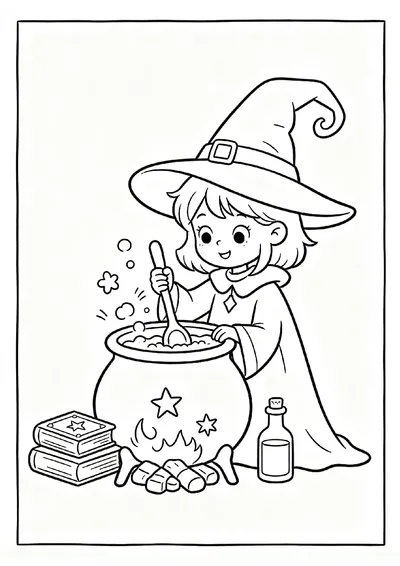 Little Witch Stirring a Magic Pot coloring page