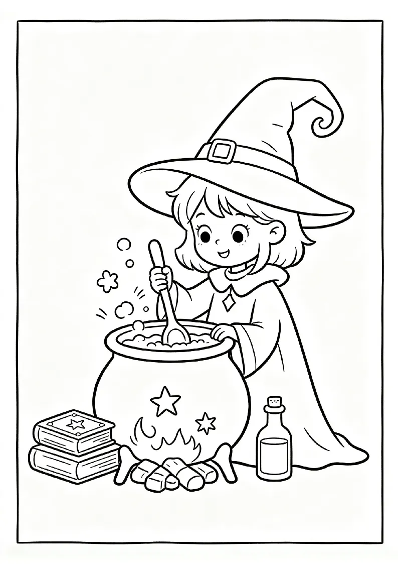 Little Witch Stirring a Magic Pot coloring page, black outline drawing ready to print