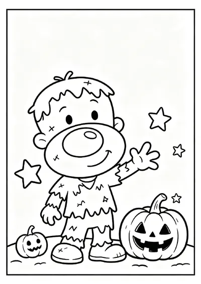 Little Zombie Kid Waving Beside Pumpkins coloring page