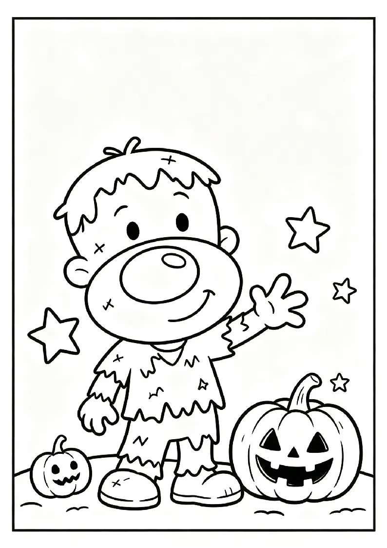 Little Zombie Kid Waving Beside Pumpkins coloring page, black outline drawing ready to print