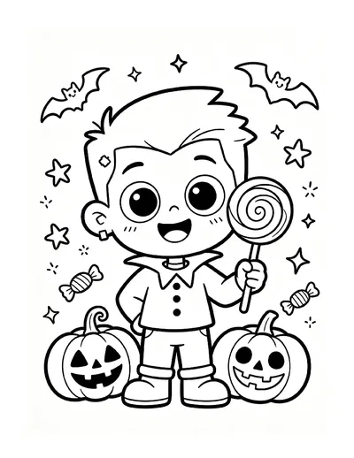 Cute Monster Kid With a Lollipop coloring page
