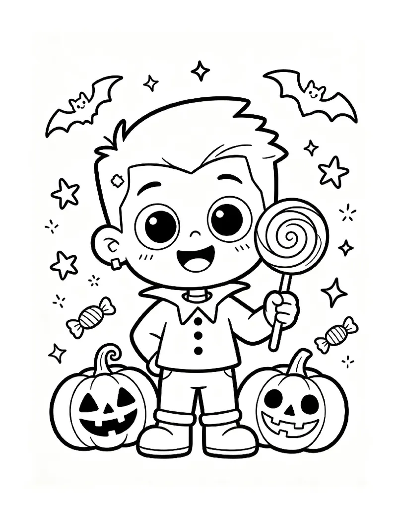 Cute Monster Kid With a Lollipop coloring page, black outline drawing ready to print