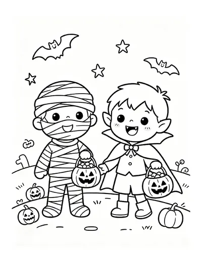 Mummy and Vampire Kids Trick-or-Treating coloring page