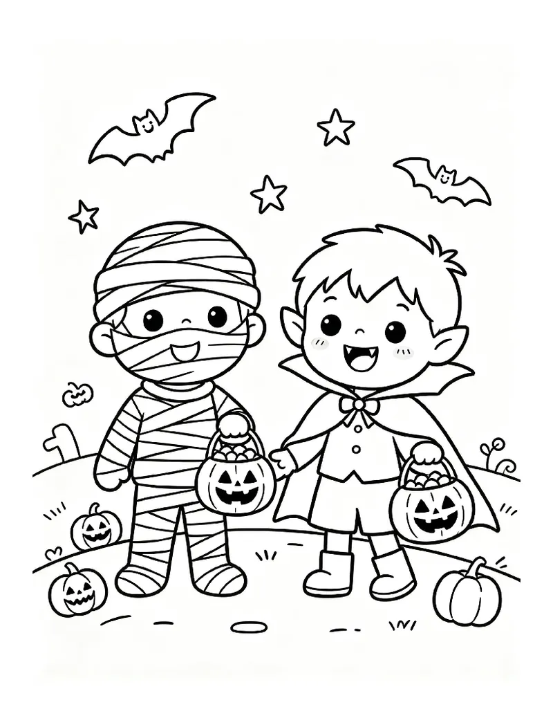 Mummy and Vampire Kids Trick-or-Treating coloring page, black outline drawing ready to print