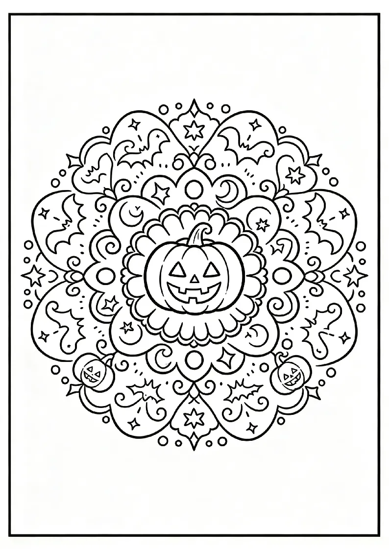 October Pumpkin Mandala with Bats and Stars coloring page, black outline drawing ready to print