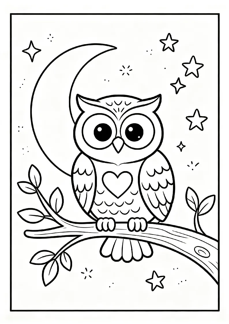 Owl on a Moonlit Branch coloring page, black outline drawing ready to print