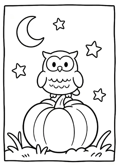 Owl Sitting on a Big Pumpkin Under the Moon coloring page