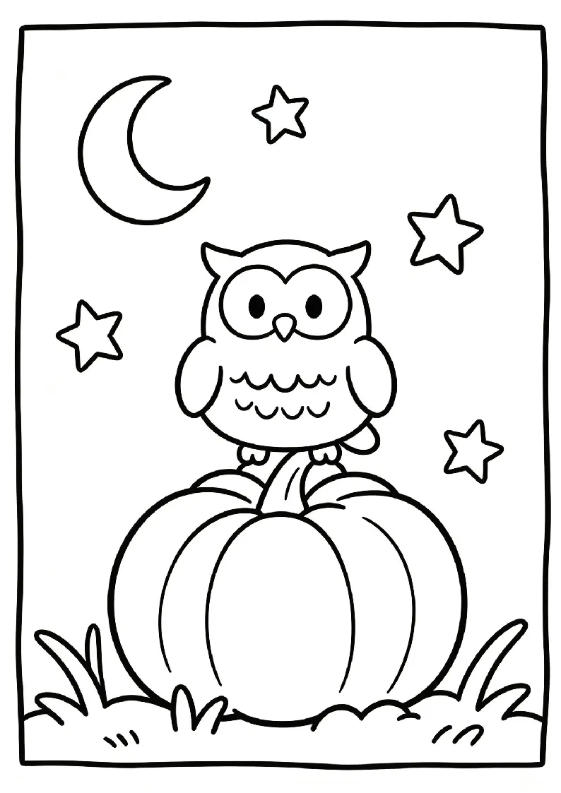 Owl Sitting on a Big Pumpkin Under the Moon coloring page, black outline drawing ready to print