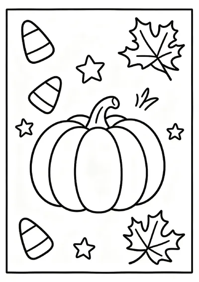 Big Pumpkin With Candy Corn and Autumn Leaves coloring page