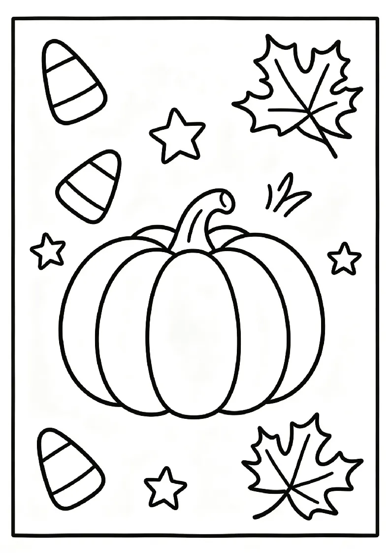 Big Pumpkin With Candy Corn and Autumn Leaves coloring page, black outline drawing ready to print