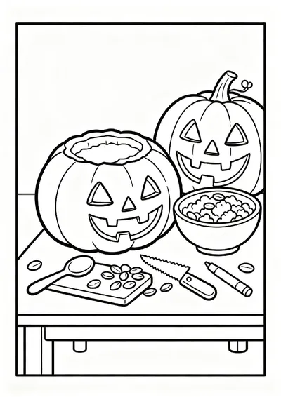 Pumpkin Carving Table with Tools coloring page