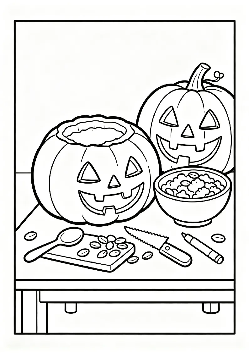 Pumpkin Carving Table with Tools coloring page, black outline drawing ready to print