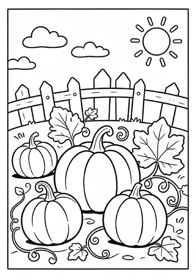 Pumpkin Patch With a Wooden Fence and a Sunny Sky coloring page