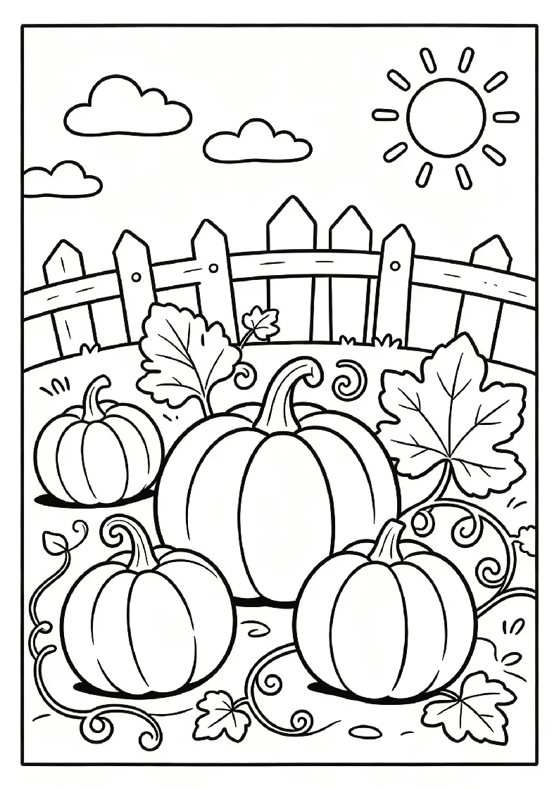 Pumpkin Patch With a Wooden Fence and a Sunny Sky coloring page, black outline drawing ready to print