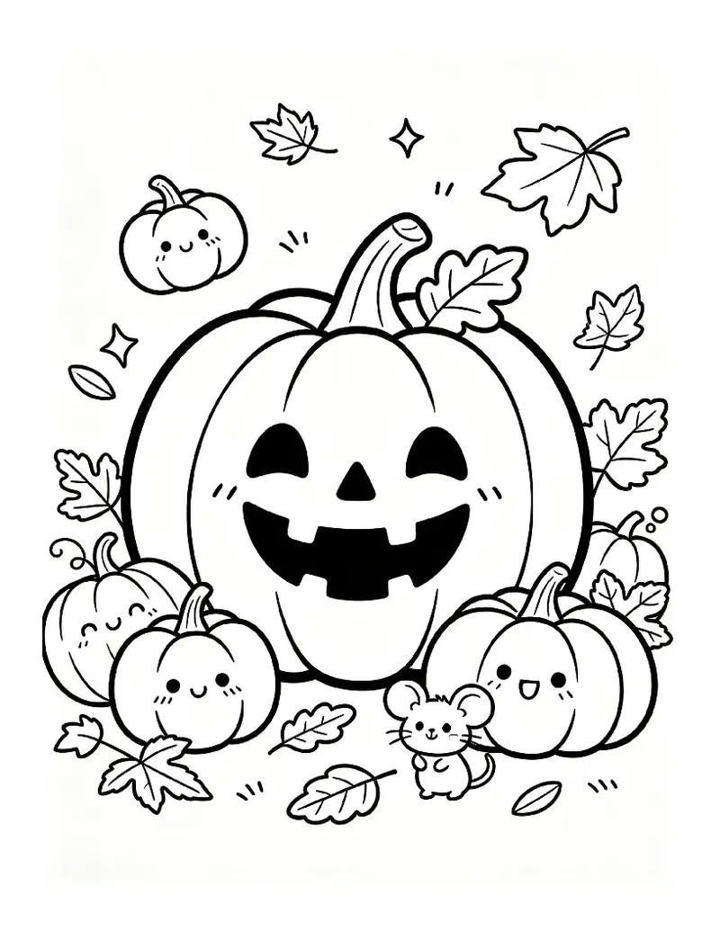Big Jack-o'-Lantern Pumpkin Patch With a Tiny Mouse coloring page, black outline drawing ready to print