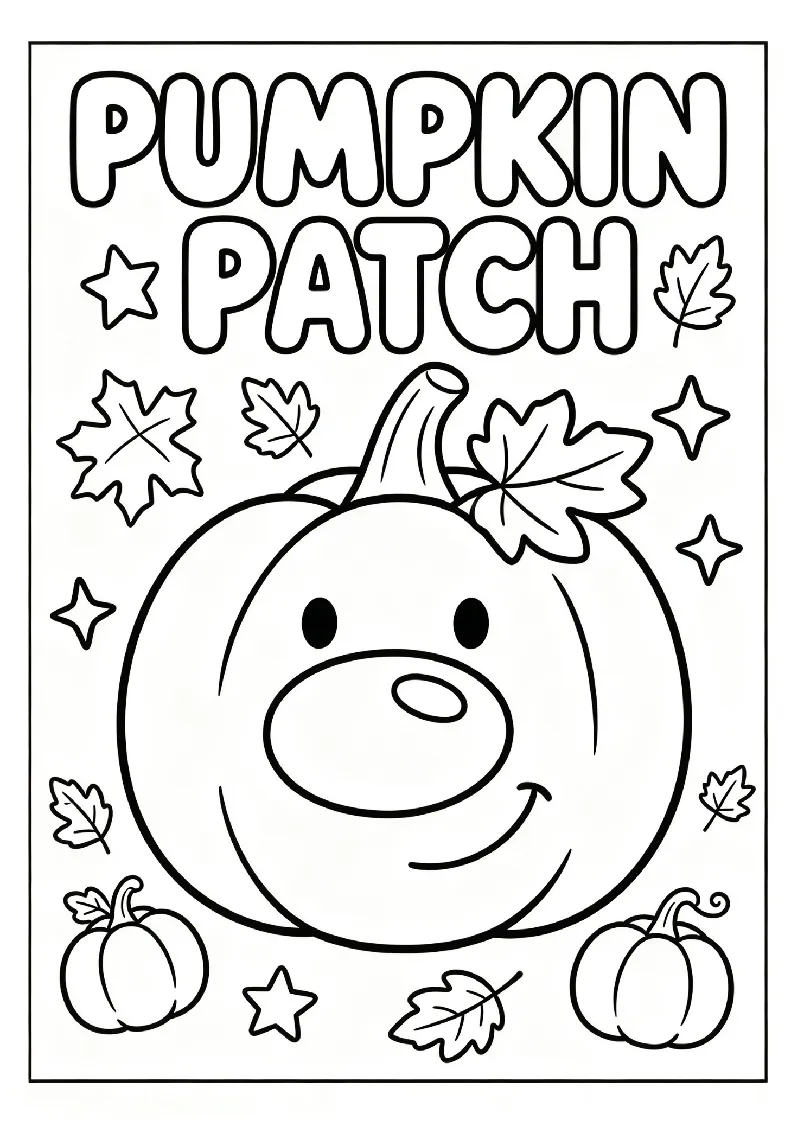 Smiling Pumpkin Patch Title Page With Leaves coloring page, black outline drawing ready to print
