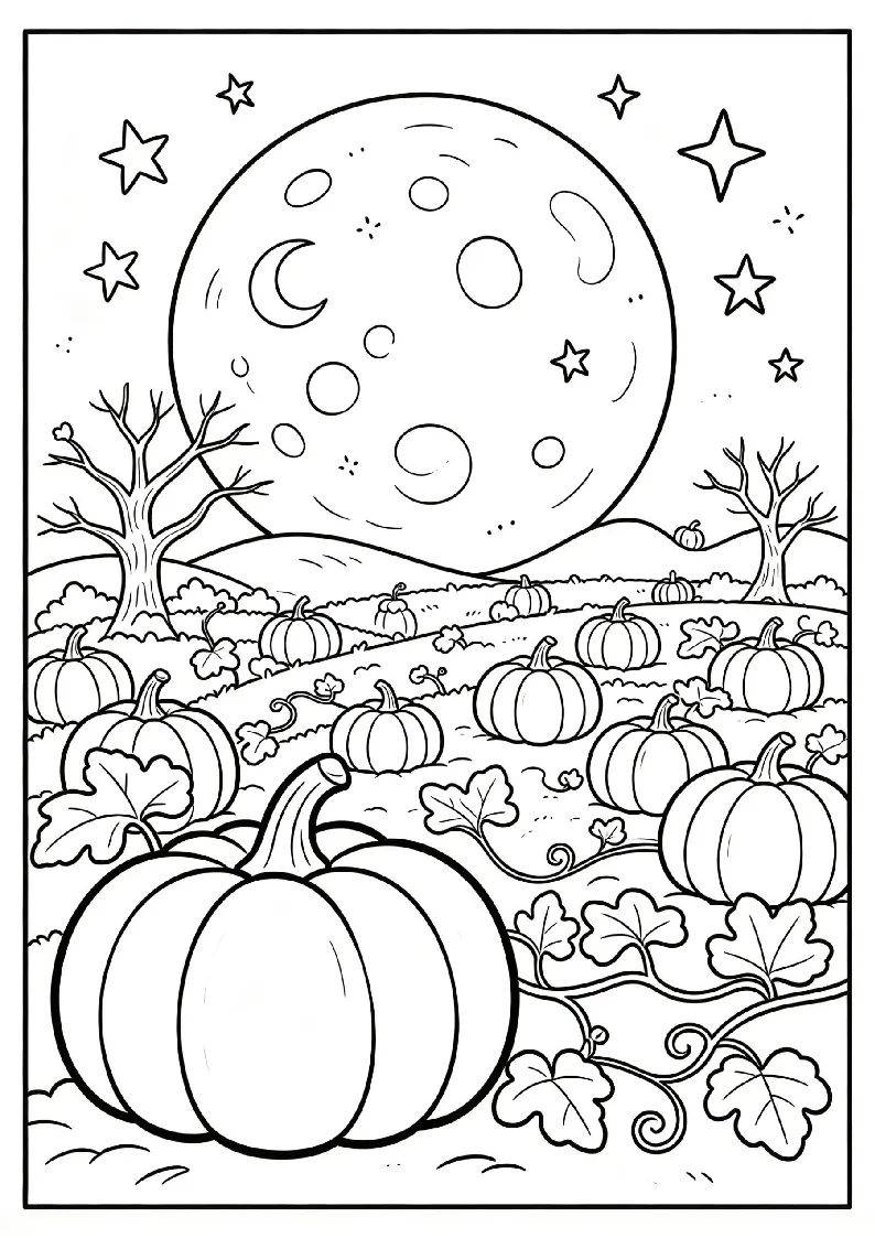 Pumpkin Patch Under a Harvest Moon coloring page, black outline drawing ready to print