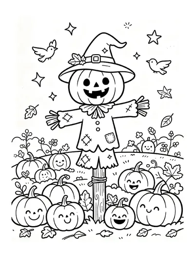 Pumpkin-Head Scarecrow in a Pumpkin Patch coloring page