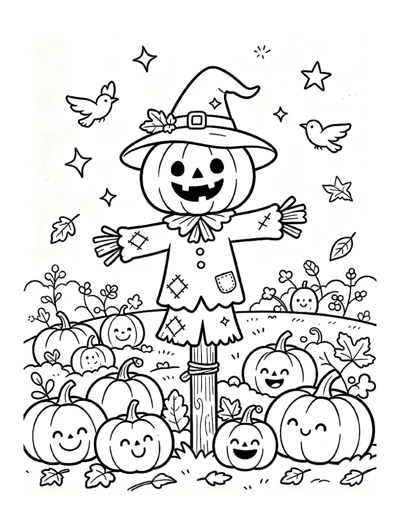 Pumpkin-Head Scarecrow in a Pumpkin Patch coloring page, black outline drawing ready to print