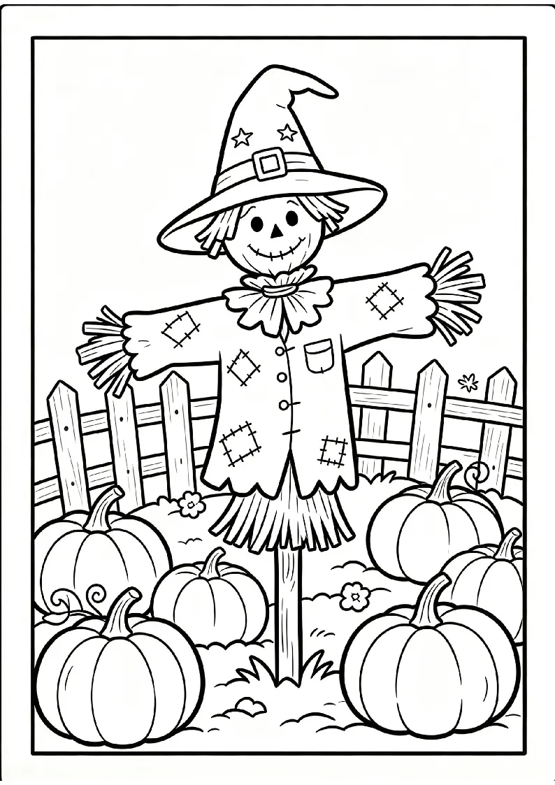 Scarecrow in a Pumpkin Patch coloring page, black outline drawing ready to print