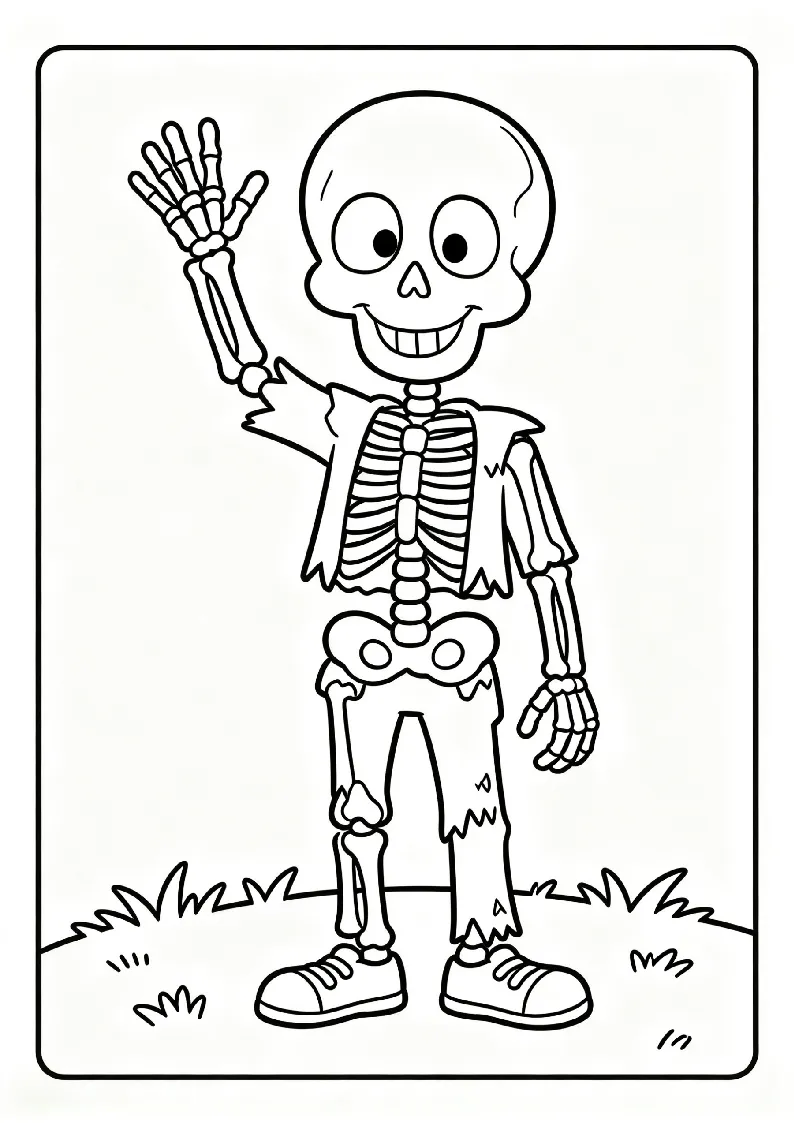 Skeleton Waving Hello coloring page, black outline drawing ready to print