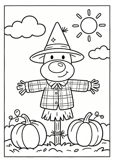 Smiling Scarecrow in a Pumpkin Patch coloring page