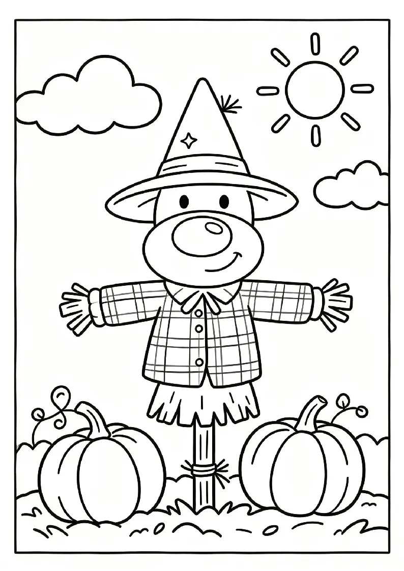 Smiling Scarecrow in a Pumpkin Patch coloring page, black outline drawing ready to print