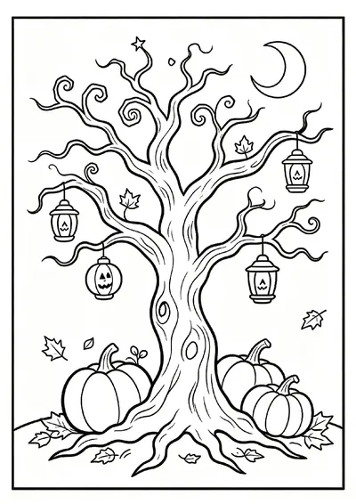 Spooky Tree with Hanging Lanterns coloring page