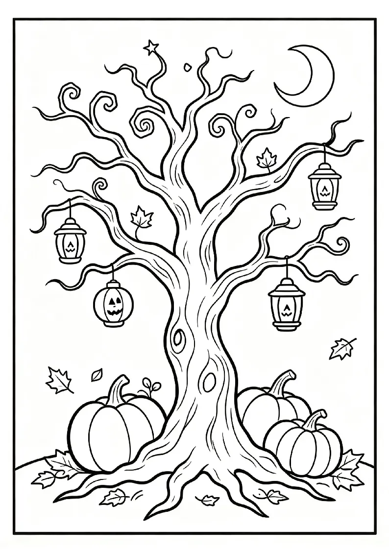 Spooky Tree with Hanging Lanterns coloring page, black outline drawing ready to print